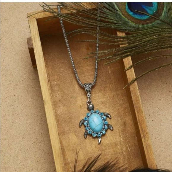 Silver Charm Turquoise Turtle Pendant Necklace - Picture 3 of 7